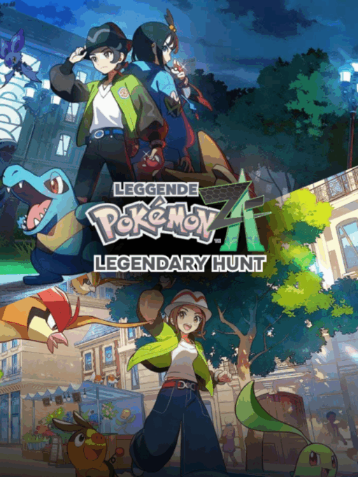 Pokémon trainer standing on a cliff with glowing Poké Ball and silhouettes of Legendary Pokémon in the sky.