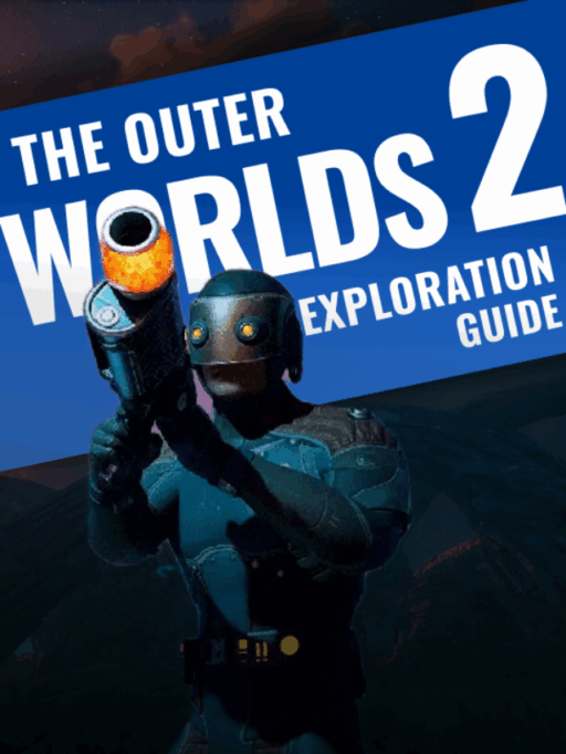 Main explorer standing on an alien planet with a spaceship in the distance, showcasing The Outer Worlds 2 logo.