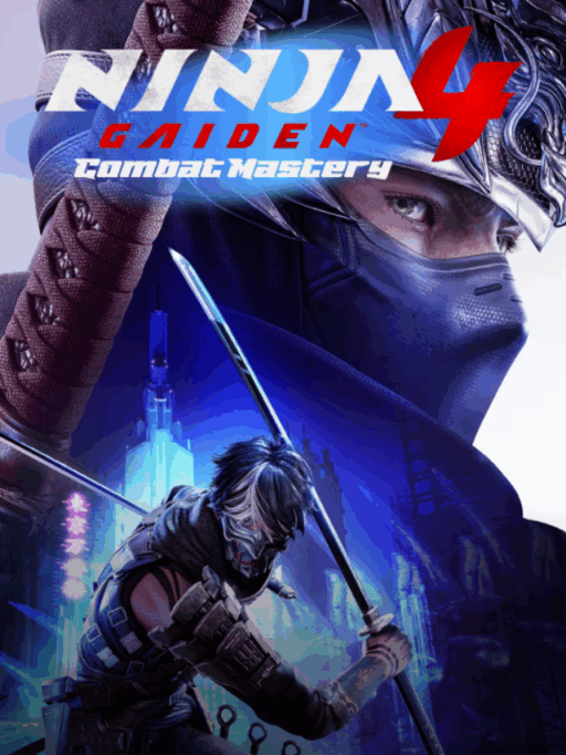 Ryu Hayabusa standing in a dark city, sword glowing under the rain, Ninja Gaiden 4 logo visible.