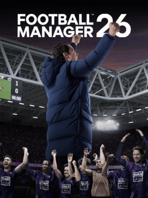 Football Manager 26 official poster showing coach and team lineup.