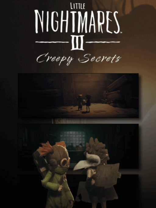 Little Nightmares 3 characters Low and Alone walking through foggy, creepy ruins with monsters hiding in the shadows.