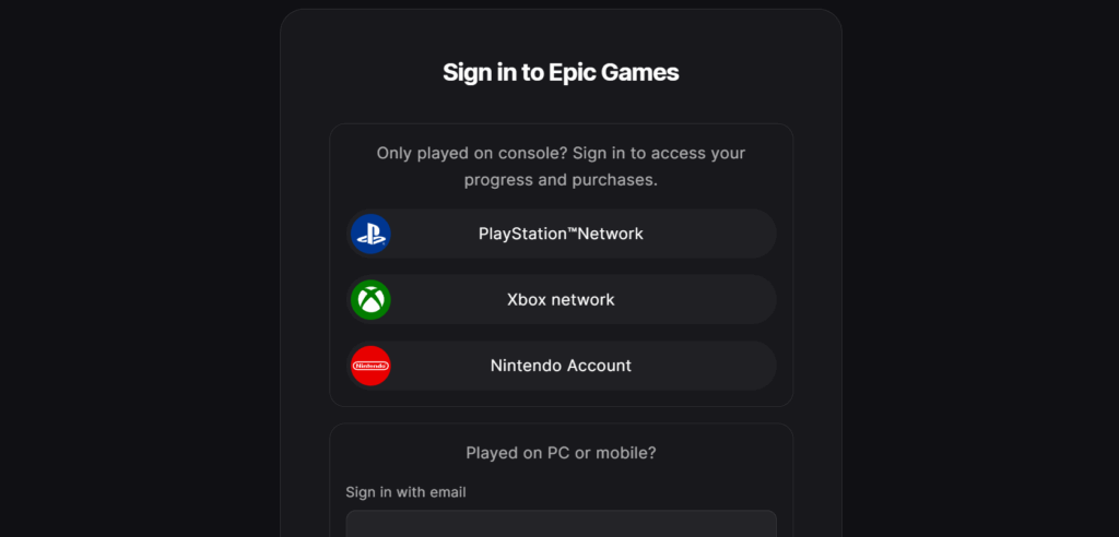 Epic Games sign in