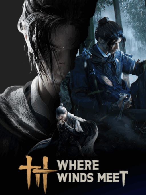 Where Winds Meet game cover showing the hero overlooking mountains and temples.