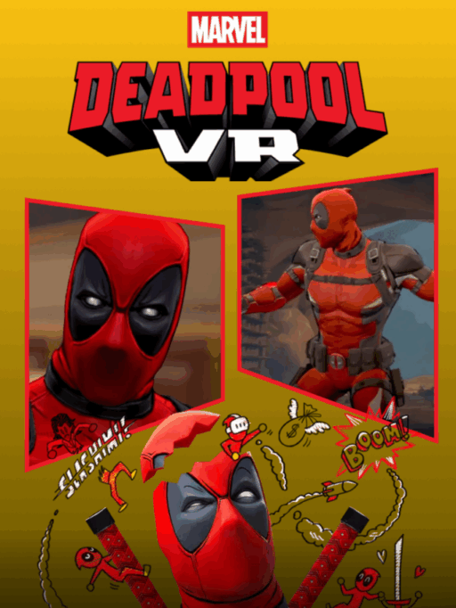 Deadpool posing in VR game with dual katanas and funny expressions.