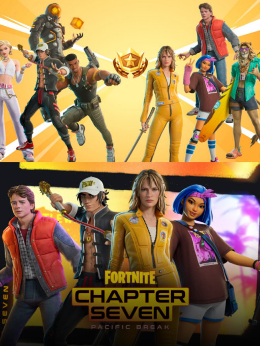 Fortnite Chapter update cover showing new map, characters, and game mode icons.