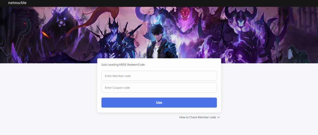 Solo Leveling: Arise code redemption page
