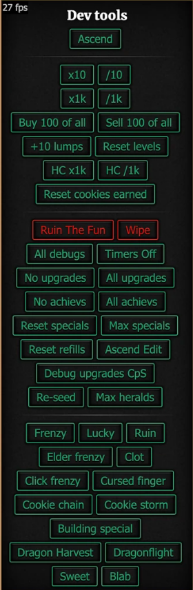 The Dev tools menu in Cookie Clicker 